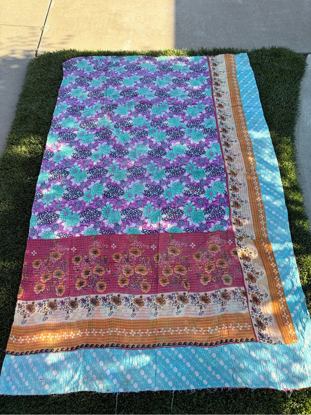 Kantha Summer Floral Quilted Throw Blanket - Purple, Teal & Tan